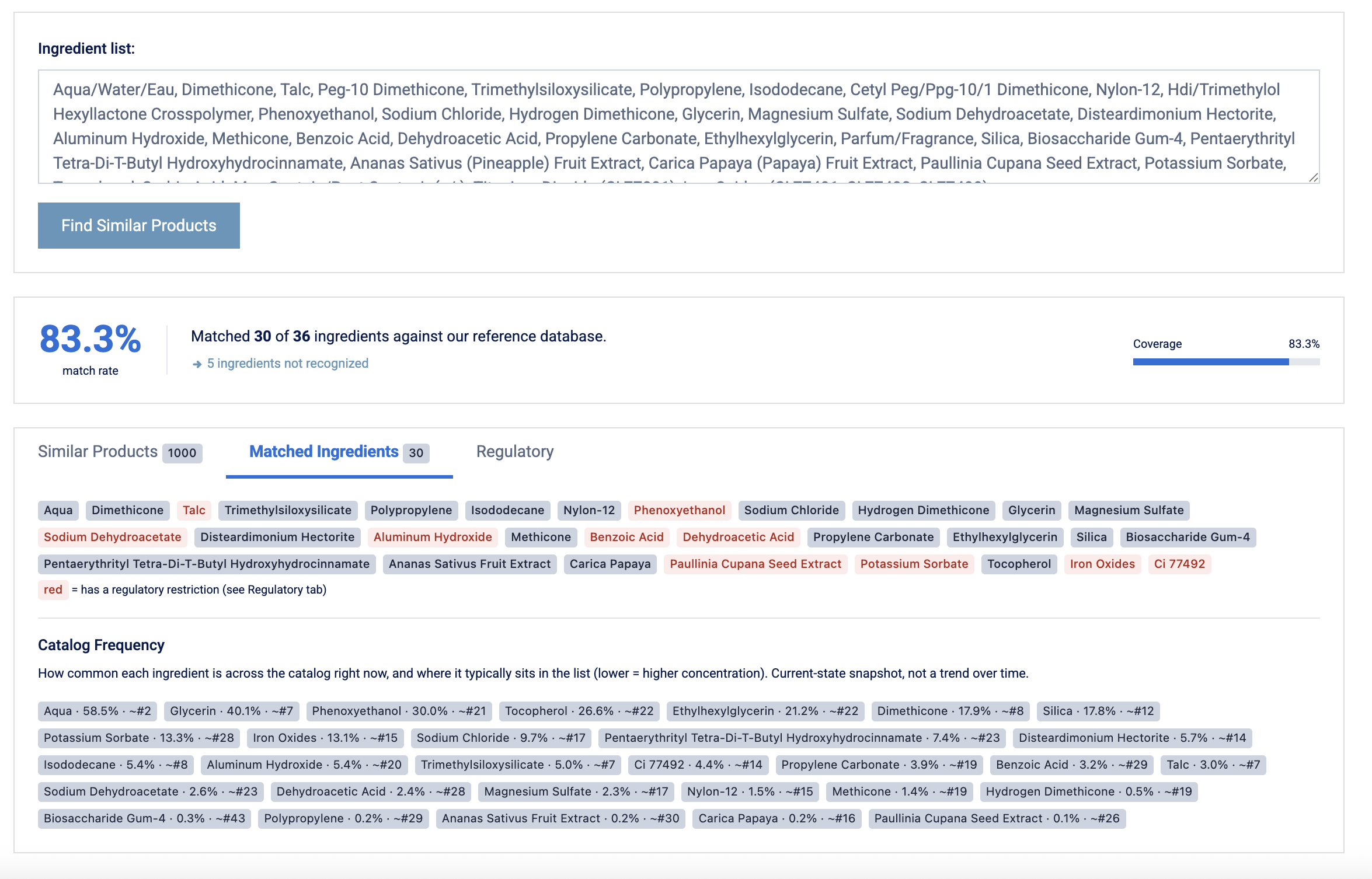 BeautyFeeds Matched Ingredients tab showing recognized ingredients as color-coded tags with catalog frequency percentages