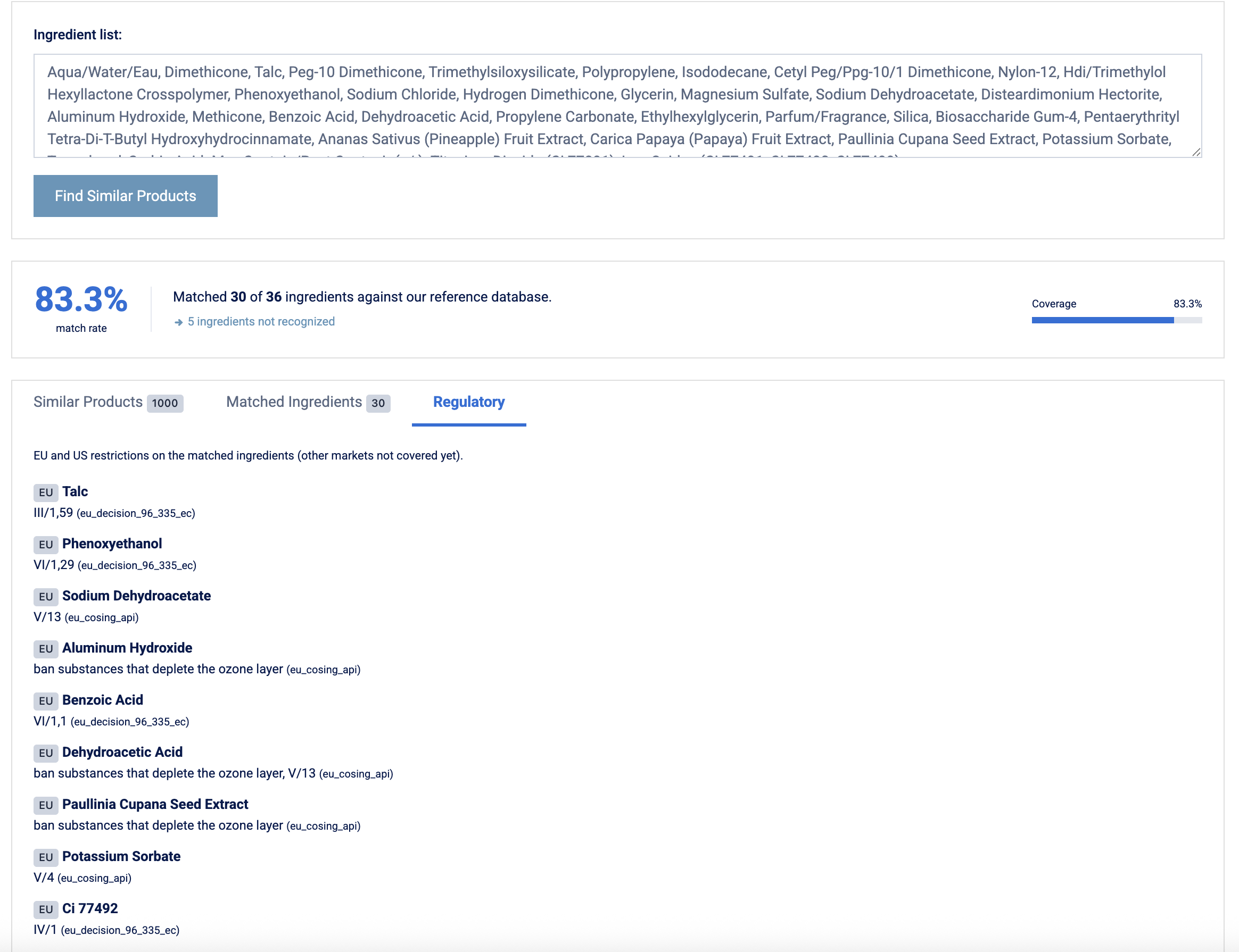 BeautyFeeds Regulatory tab showing EU and US restriction citations for matched ingredients