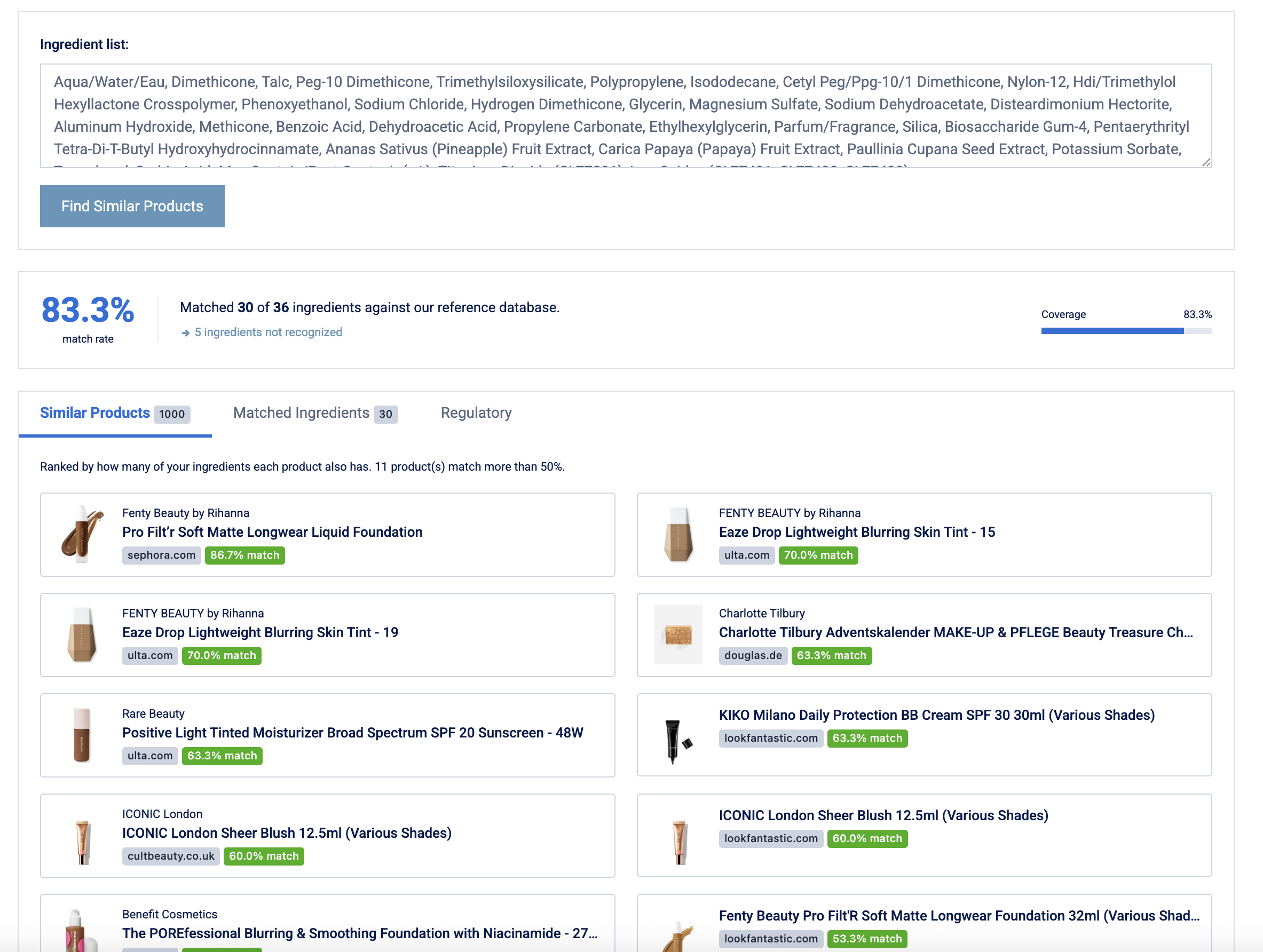 BeautyFeeds Similar Products tab showing catalog products ranked by ingredient overlap with a pasted ingredient list